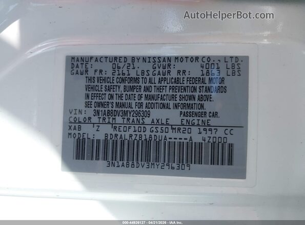 3N1AB8DV3MY296309 2021 NISSAN SENTRA White ძრავის განყოფილების ხედი