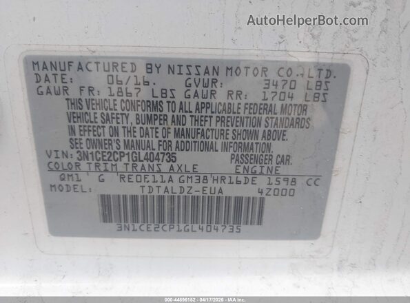 3N1CE2CP1GL404735 2016 NISSAN VERSA NOTE White ძრავის განყოფილების ხედი