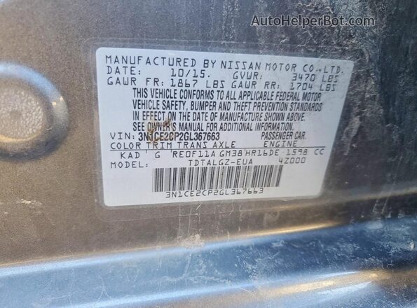 3N1CE2CP2GL367663 2016 NISSAN VERSA Gray Vista interior de 360 grados