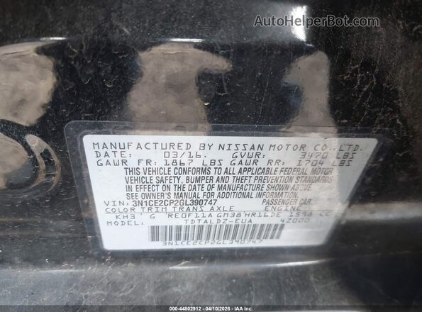 3N1CE2CP2GL390747 2016 NISSAN VERSA NOTE Black Widok komory silnika
