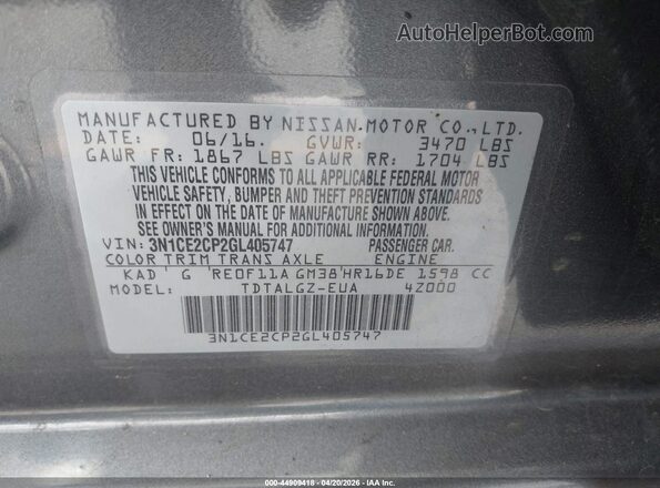 3N1CE2CP2GL405747 2016 NISSAN VERSA NOTE Gray Вид підкапотного простору