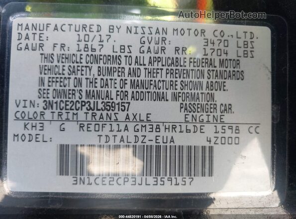 3N1CE2CP3JL359157 2018 NISSAN VERSA NOTE Black Engine compartment view