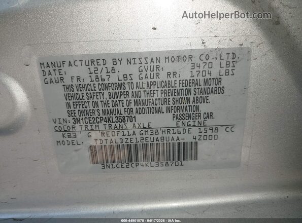 3N1CE2CP4KL358701 2019 NISSAN VERSA NOTE Silver Widok komory silnika