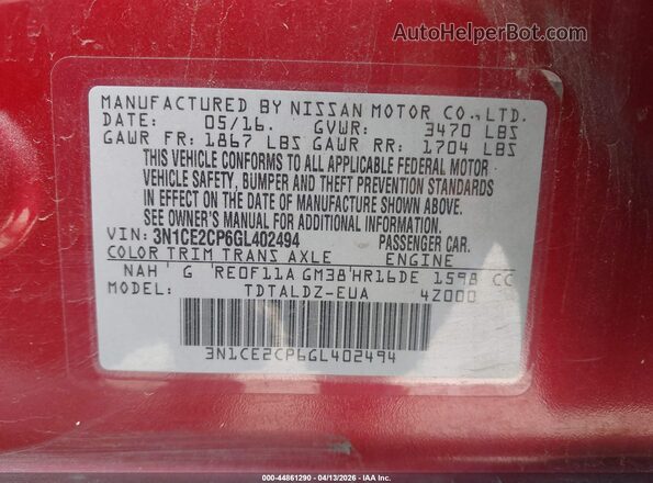 3N1CE2CP6GL402494 2016 NISSAN VERSA NOTE Red ძრავის განყოფილების ხედი