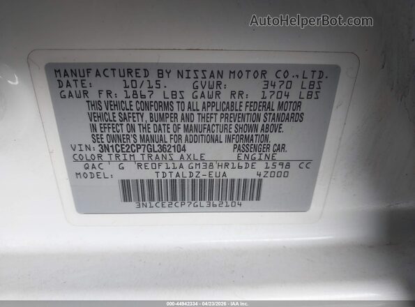 3N1CE2CP7GL362104 2016 NISSAN VERSA NOTE White Вид підкапотного простору