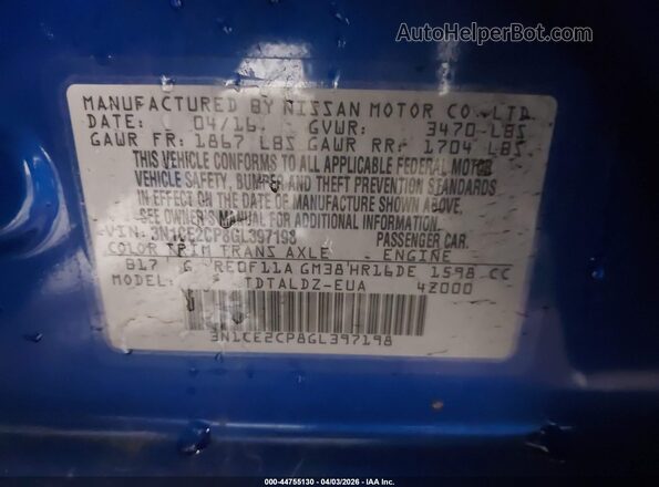 3N1CE2CP8GL397198 2016 NISSAN VERSA NOTE Синий Вид подкапотного пространства