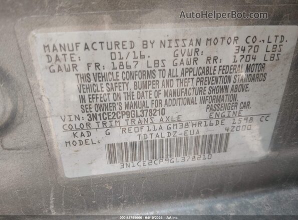 3N1CE2CP9GL378210 2016 NISSAN VERSA NOTE Gray 