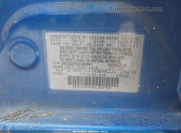 3N1CE2CPXGL354904 2016 NISSAN VERSA NOTE Blue Շարժիչի բաժամունքի տեսք