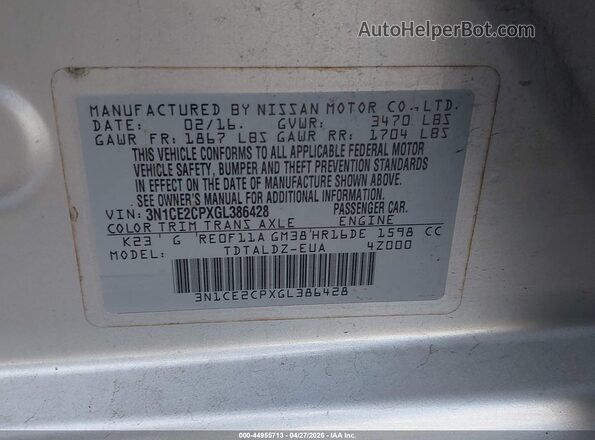 3N1CE2CPXGL386428 2016 NISSAN VERSA NOTE Silver Engine compartment view