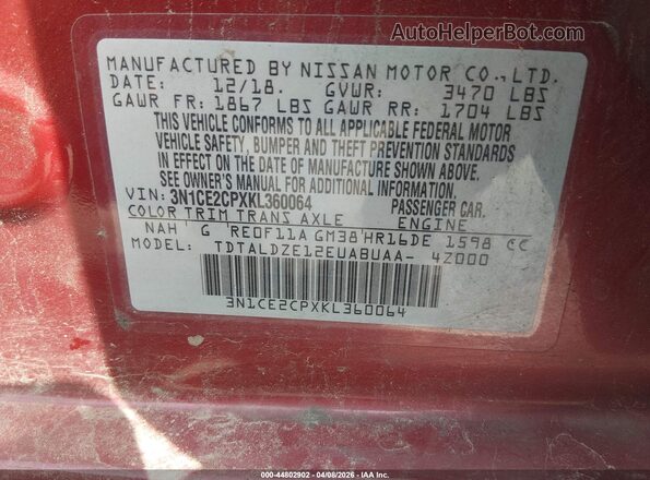 3N1CE2CPXKL360064 2019 NISSAN VERSA NOTE Red 