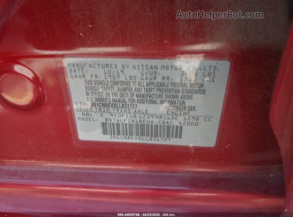 3N1CN8EVXLL831727 2020 NISSAN VERSA Red Vista del compartimento del motor