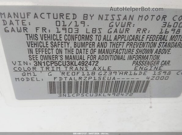 3N1CP5CU3KL492472 2019 NISSAN KICKS White Вид підкапотного простору