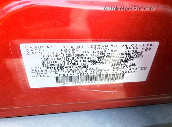 3N1CP5CV0LL575058 2020 NISSAN KICKS Red VIN կոդի պիտակի տեսք