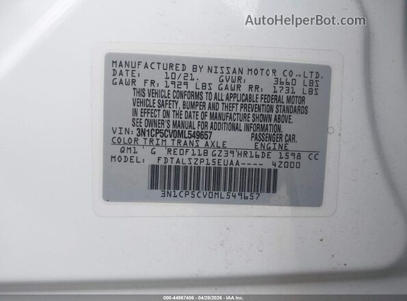 3N1CP5CV0ML549657 2021 NISSAN KICKS White Вид підкапотного простору