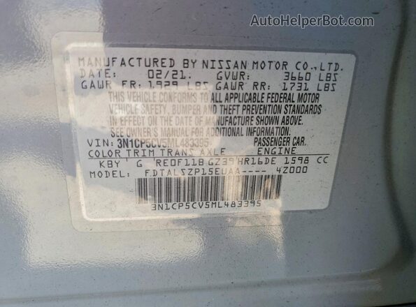 3N1CP5CV5ML483395 2021 NISSAN KICKS Серый Вид наклейки с VIN-кодом