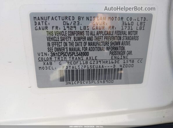 3N1CP5CV5PL548900 2023 NISSAN KICKS White 