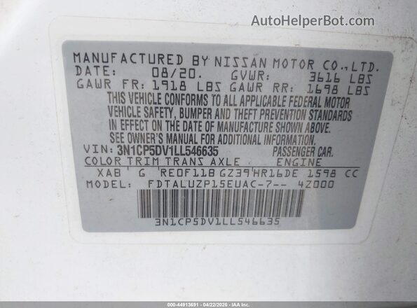 3N1CP5DV1LL546635 2020 NISSAN KICKS White ძრავის განყოფილების ხედი