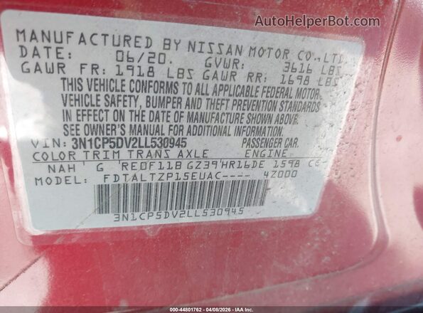 3N1CP5DV2LL530945 2020 NISSAN KICKS Красный Вид подкапотного пространства