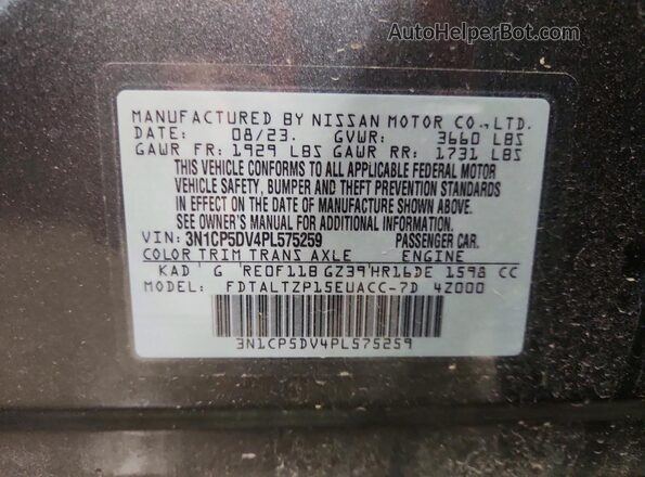 3N1CP5DV4PL575259 2023 NISSAN KICKS Gray VIN კოდის სტიკერის ხედი