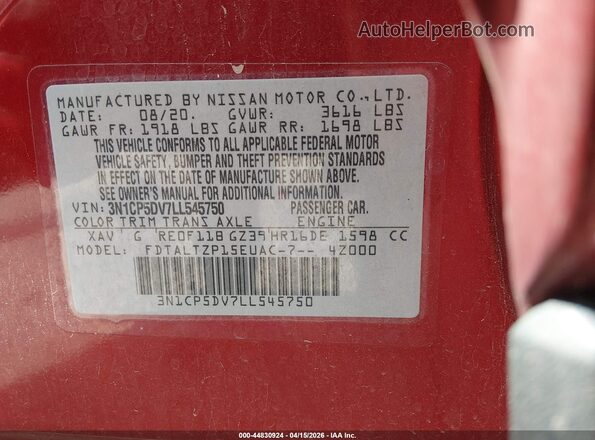 3N1CP5DV7LL545750 2020 NISSAN KICKS Maroon Widok komory silnika