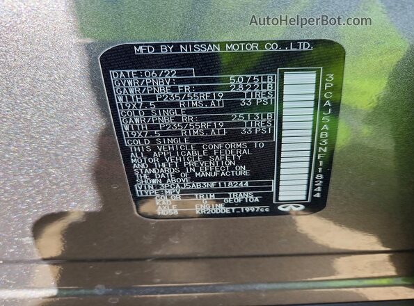 3PCAJ5AB3NF118244 2022 INFINITI QX50 Gray VIN კოდის სტიკერის ხედი