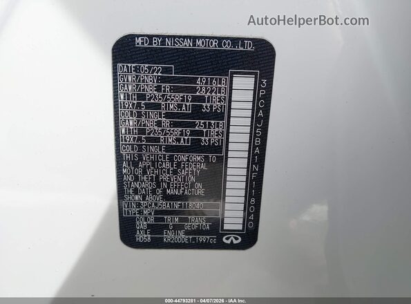 3PCAJ5BA1NF118040 2022 INFINITI QX50 Белый Вид подкапотного пространства