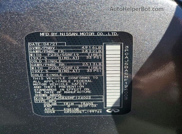 3PCAJ5BA5MF124003 2021 INFINITI QX50 Charcoal VIN sticker view