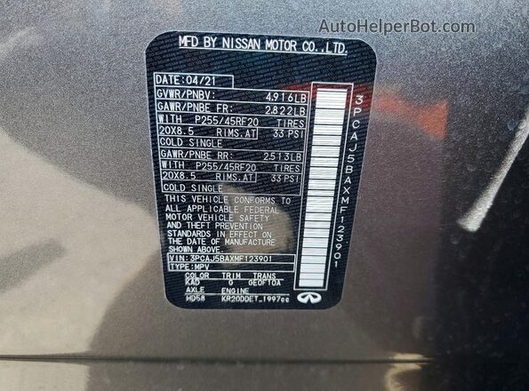 3PCAJ5BAXMF123901 2021 INFINITI QX50 Gray VIN sticker view