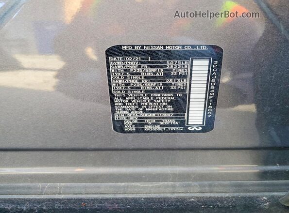 3PCAJ5BB4MF118007 2021 INFINITI QX50 Gray Вид наклейки з VIN-кодом