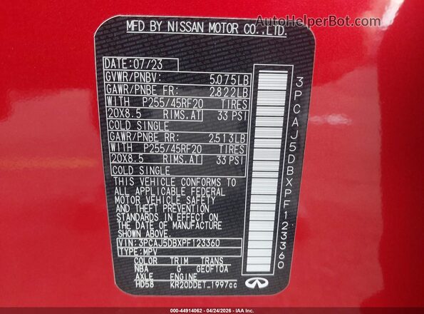 3PCAJ5DBXPF123360 2023 INFINITI QX50 Red Widok komory silnika