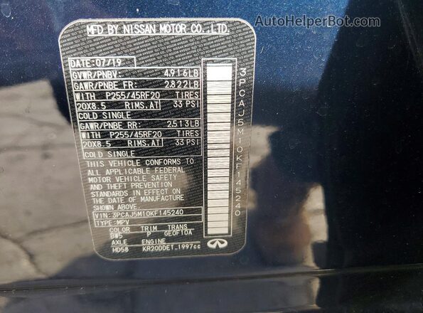 3PCAJ5M10KF145240 2019 INFINITI QX50 Blue Engine compartment view