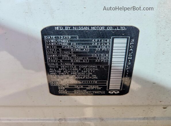 3PCAJ5M13LF111178 2020 INFINITI QX50 White VIN կոդի պիտակի տեսք