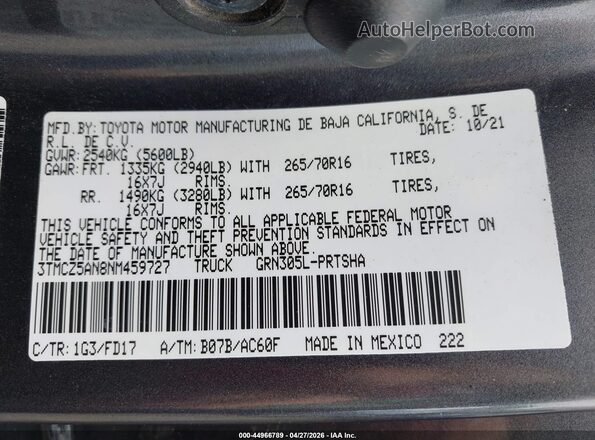 3TMCZ5AN8NM459727 2022 TOYOTA TACOMA Gray Вид підкапотного простору
