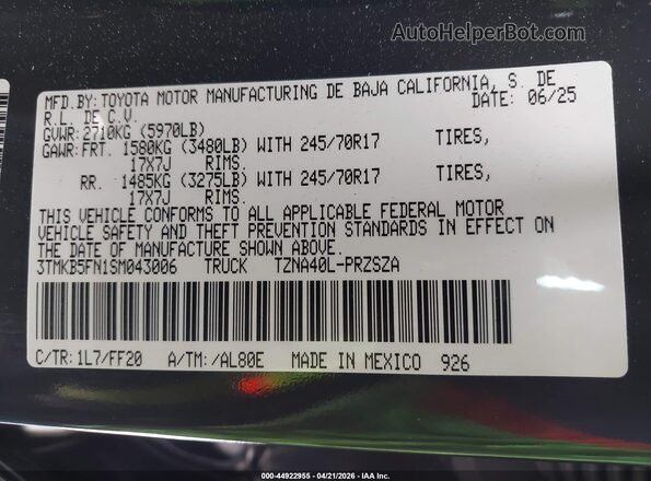 3TMKB5FN1SM043006 2025 TOYOTA TACOMA Gray Engine compartment view