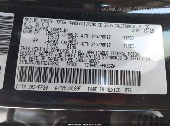 3TMLB5JN0TM212865 2026 TOYOTA TACOMA Черный Вид подкапотного пространства