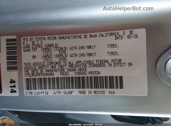 3TMLB5JN5TM246901 2026 TOYOTA TACOMA Silver Շարժիչի բաժամունքի տեսք