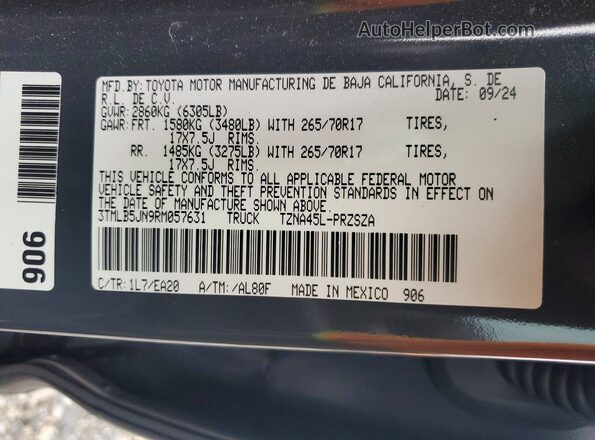 3TMLB5JN9RM057631 2024 TOYOTA TACOMA Gray VIN sticker view