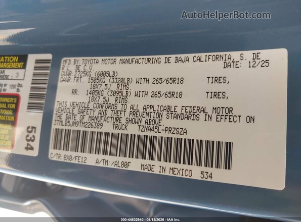 3TMLB5JN9TM226389 2026 TOYOTA TACOMA Blue Vista del compartimento del motor