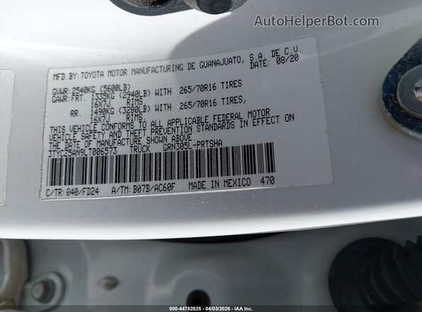 3TYCZ5AN9LT006573 2020 TOYOTA TACOMA White Շարժիչի բաժամունքի տեսք