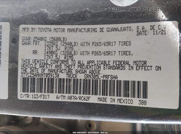 3TYCZ5ANXNT059138 2022 TOYOTA TACOMA Gray Vista del compartimento del motor