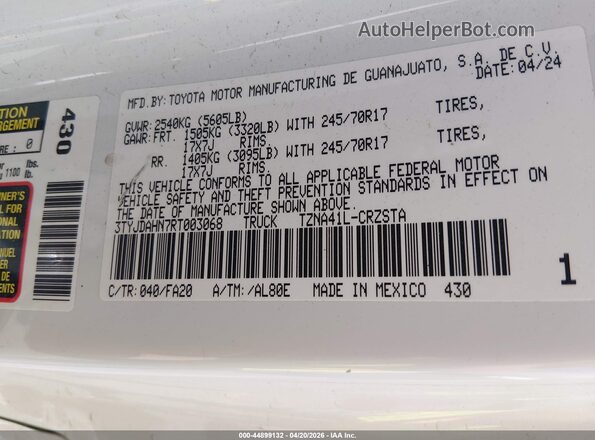 3TYJDAHN7RT003068 2024 TOYOTA TACOMA White 