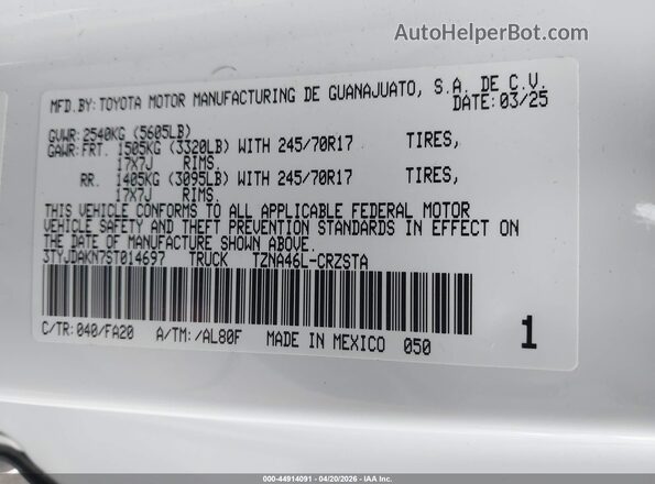 3TYJDAKN7ST014697 2025 TOYOTA TACOMA White Вид підкапотного простору