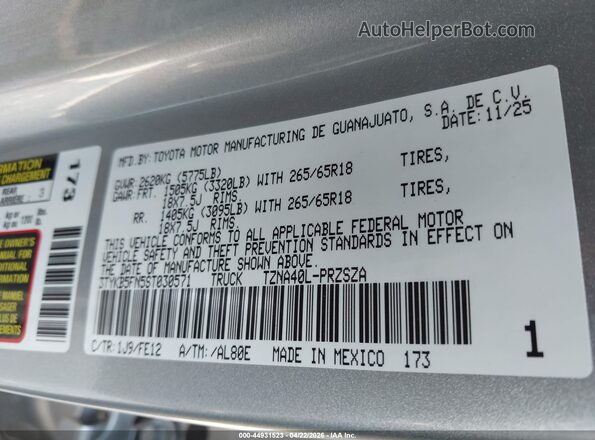 3TYKB5FN5ST030571 2025 TOYOTA TACOMA Silver Engine compartment view