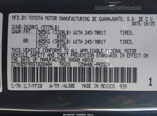 3TYKB5FN9ST028404 2025 TOYOTA TACOMA Gray Շարժիչի բաժամունքի տեսք