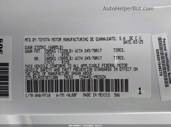 3TYLB5JN3ST071308 2025 TOYOTA TACOMA White Vista del compartimento del motor
