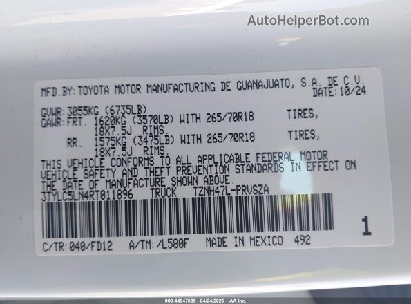 3TYLC5LN4RT011896 2024 TOYOTA TACOMA HYBRID White Engine compartment view