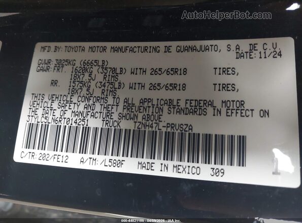 3TYLC5LN6RT014251 2024 TOYOTA TACOMA HYBRID Черный Вид подкапотного пространства