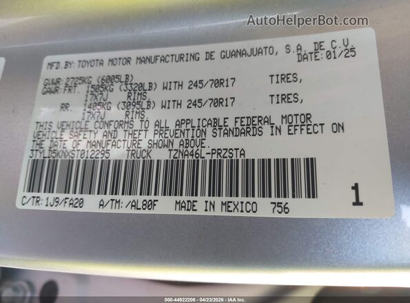 3TYLD5KNXST012295 2025 TOYOTA TACOMA Silver Engine compartment view
