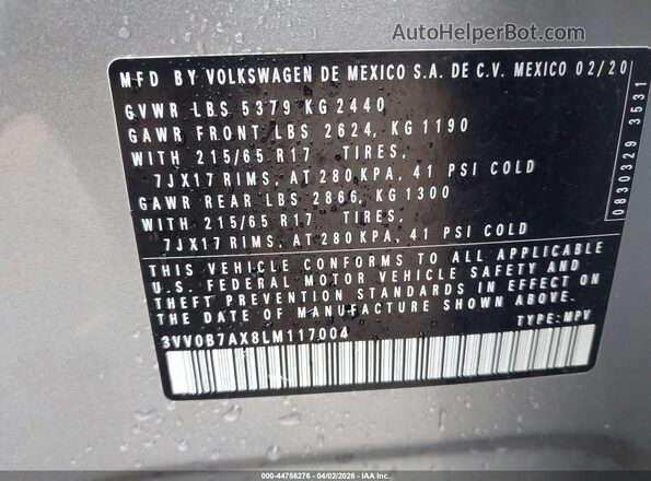 3VV0B7AX8LM117004 2020 VOLKSWAGEN TIGUAN Silver 