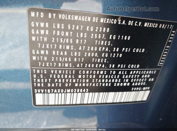 3VV1B7AX0JM028643 2018 VOLKSWAGEN TIGUAN Blue Engine compartment view